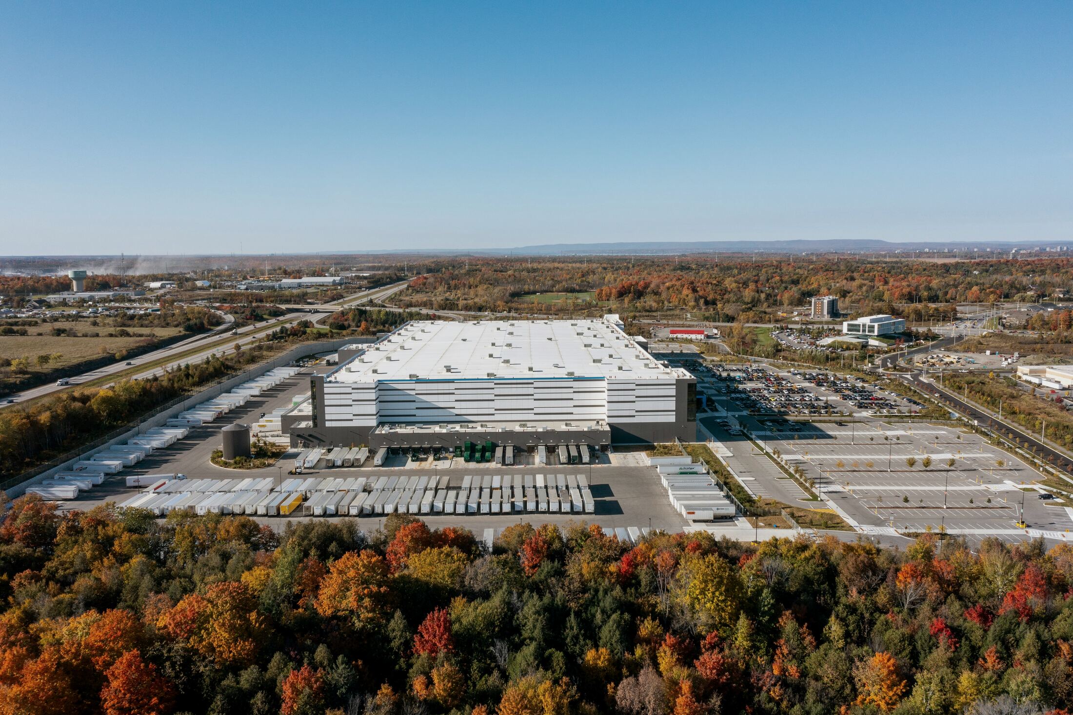 Aerial of a distribution campus showing the full parcel and access