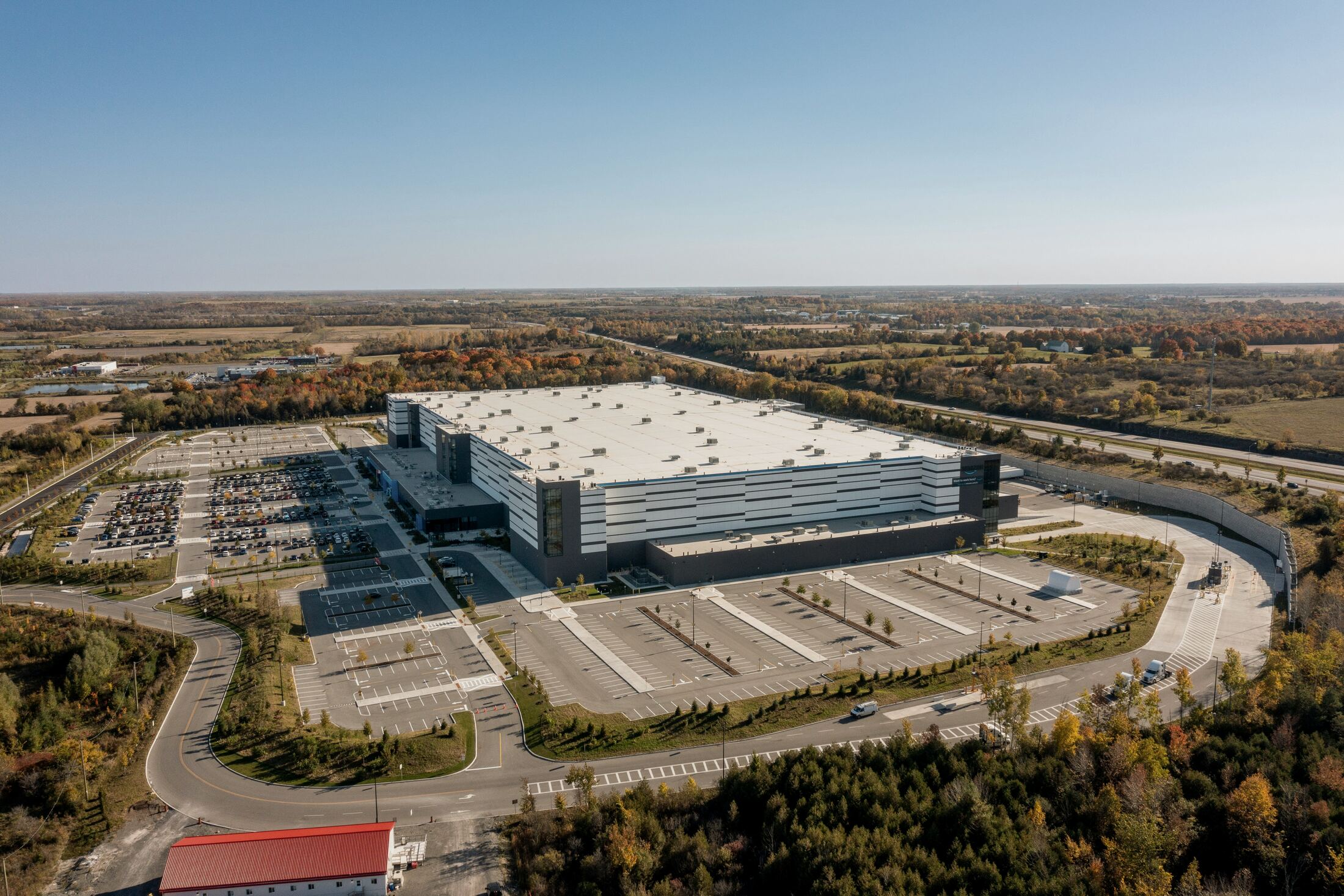 Aerial view of a corporate campus and distribution facility