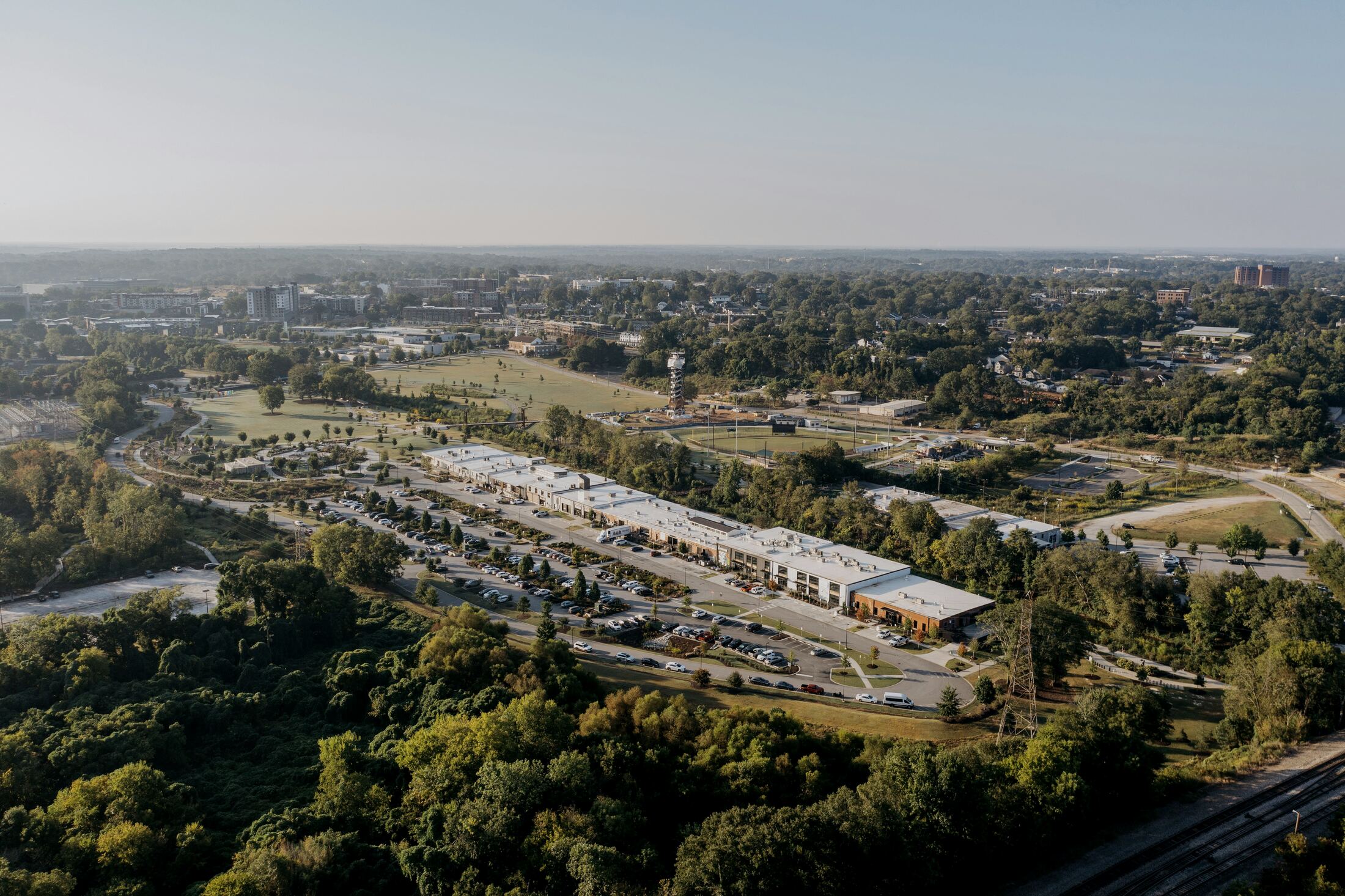 Aerial of a multi-building business park across a single parcel
